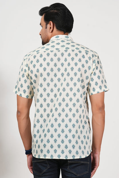 Off White Teal Floral Print Cotton Half Sleeve Shirt for Men