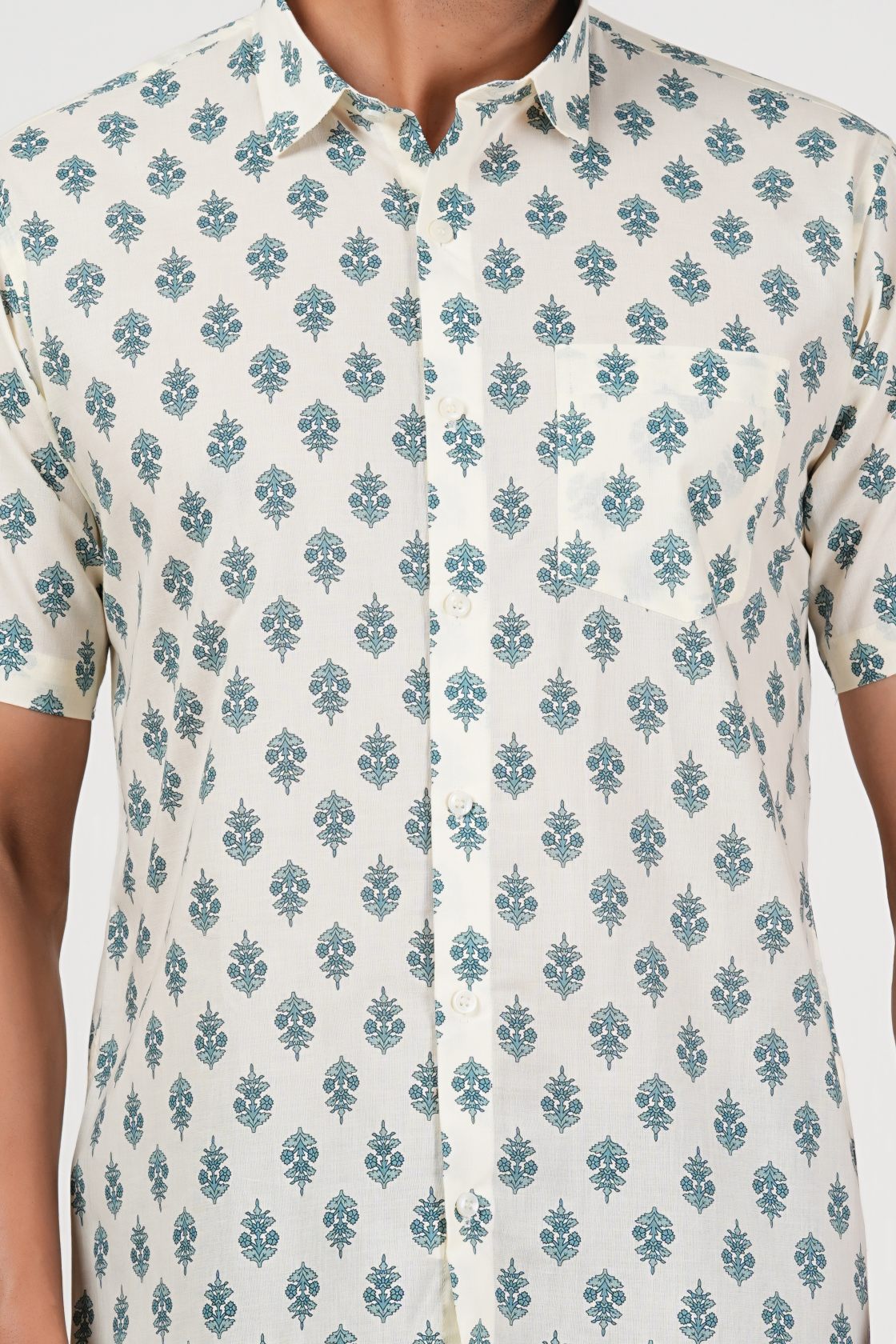 Off White Teal Floral Print Cotton Half Sleeve Shirt for Men