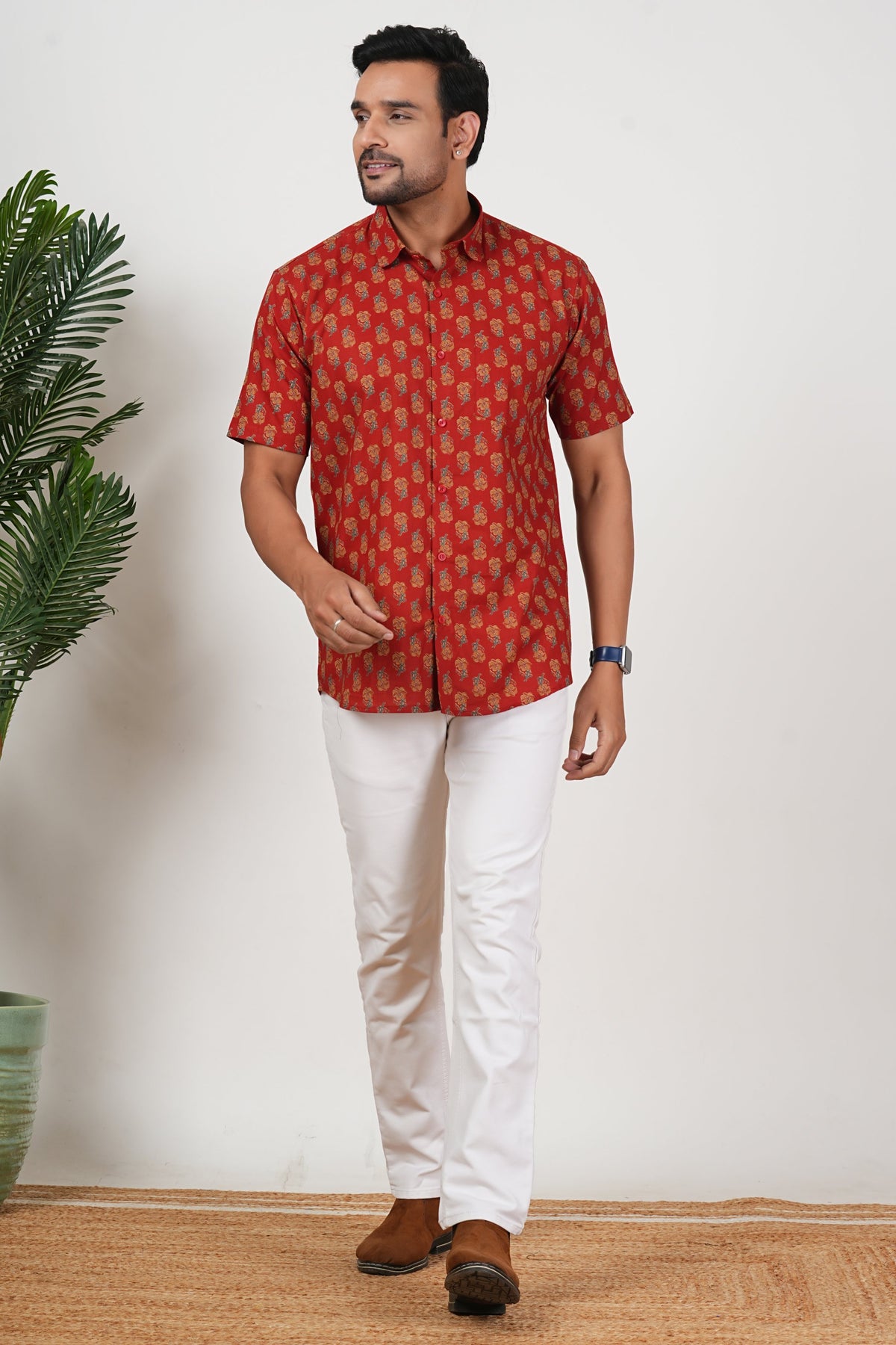 Red That Rules Floral Print Cotton Half Sleeve Shirt for Men