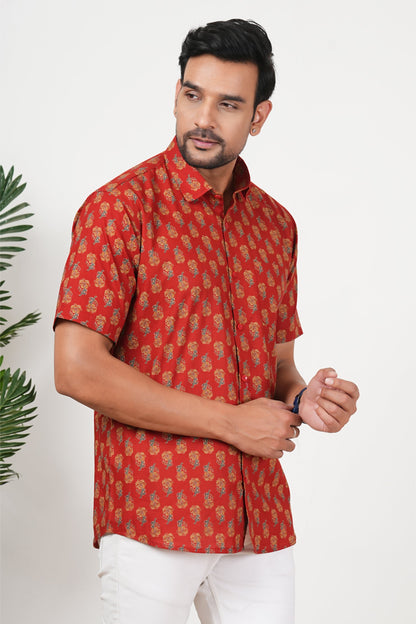 Red That Rules Floral Print Cotton Half Sleeve Shirt for Men
