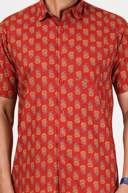 Red That Rules Floral Print Cotton Half Sleeve Shirt for Men