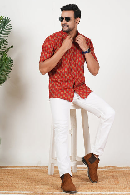 Red That Rules Floral Print Cotton Half Sleeve Shirt for Men