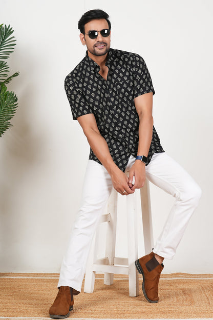 Black That Blooms at Night Floral Print Cotton Half Sleeve Shirt for Men