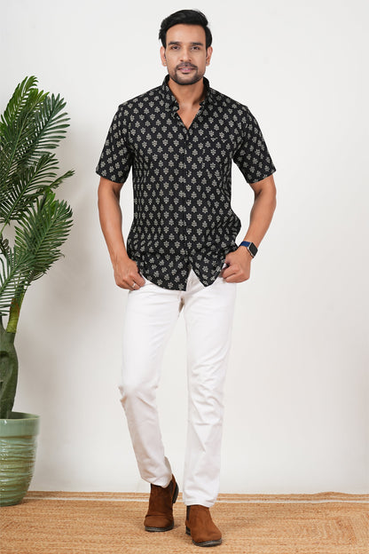 Black That Blooms at Night Floral Print Cotton Half Sleeve Shirt for Men