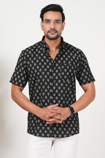 Black That Blooms at Night Floral Print Cotton Half Sleeve Shirt for Men
