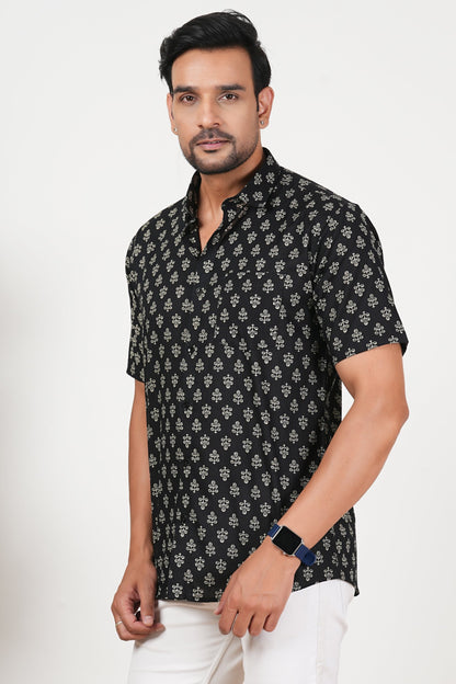 Black That Blooms at Night Floral Print Cotton Half Sleeve Shirt for Men