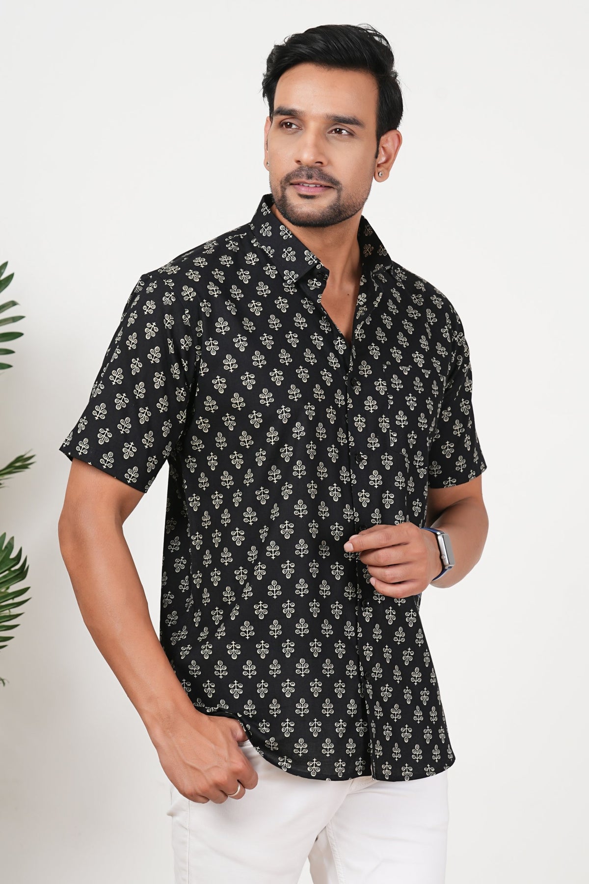 Black That Blooms at Night Floral Print Cotton Half Sleeve Shirt for Men