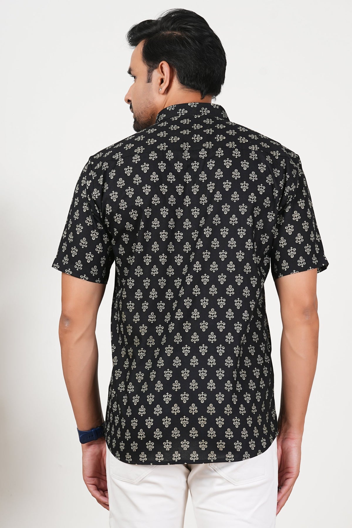 Black That Blooms at Night Floral Print Cotton Half Sleeve Shirt for Men