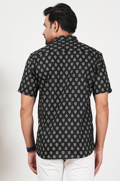Black That Blooms at Night Floral Print Cotton Half Sleeve Shirt for Men