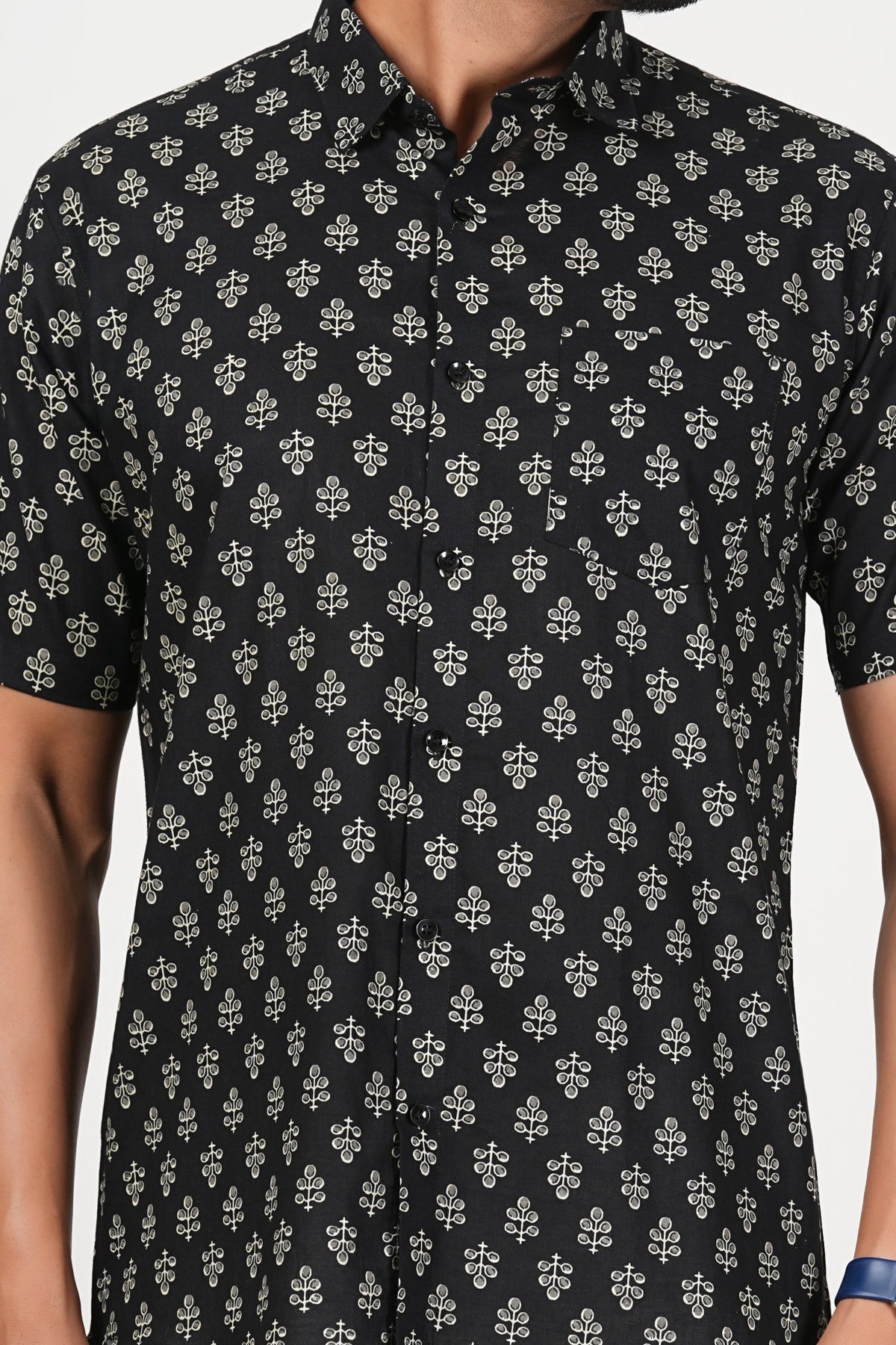 Black That Blooms at Night Floral Print Cotton Half Sleeve Shirt for Men