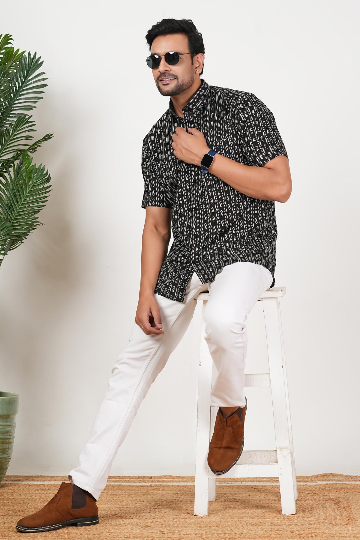 Black with an Edge Floral Print Cotton Half Sleeve Shirt for Men