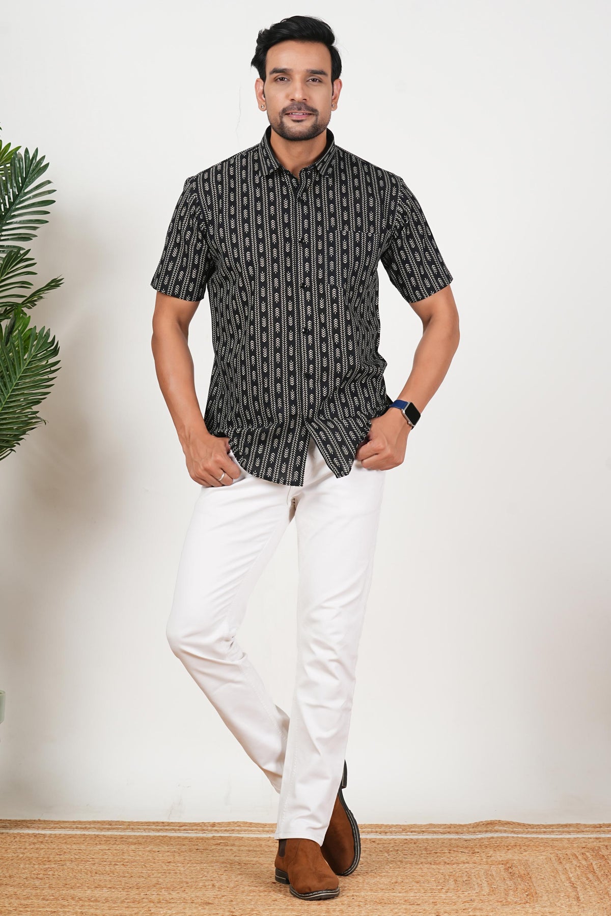 Black with an Edge Floral Print Cotton Half Sleeve Shirt for Men