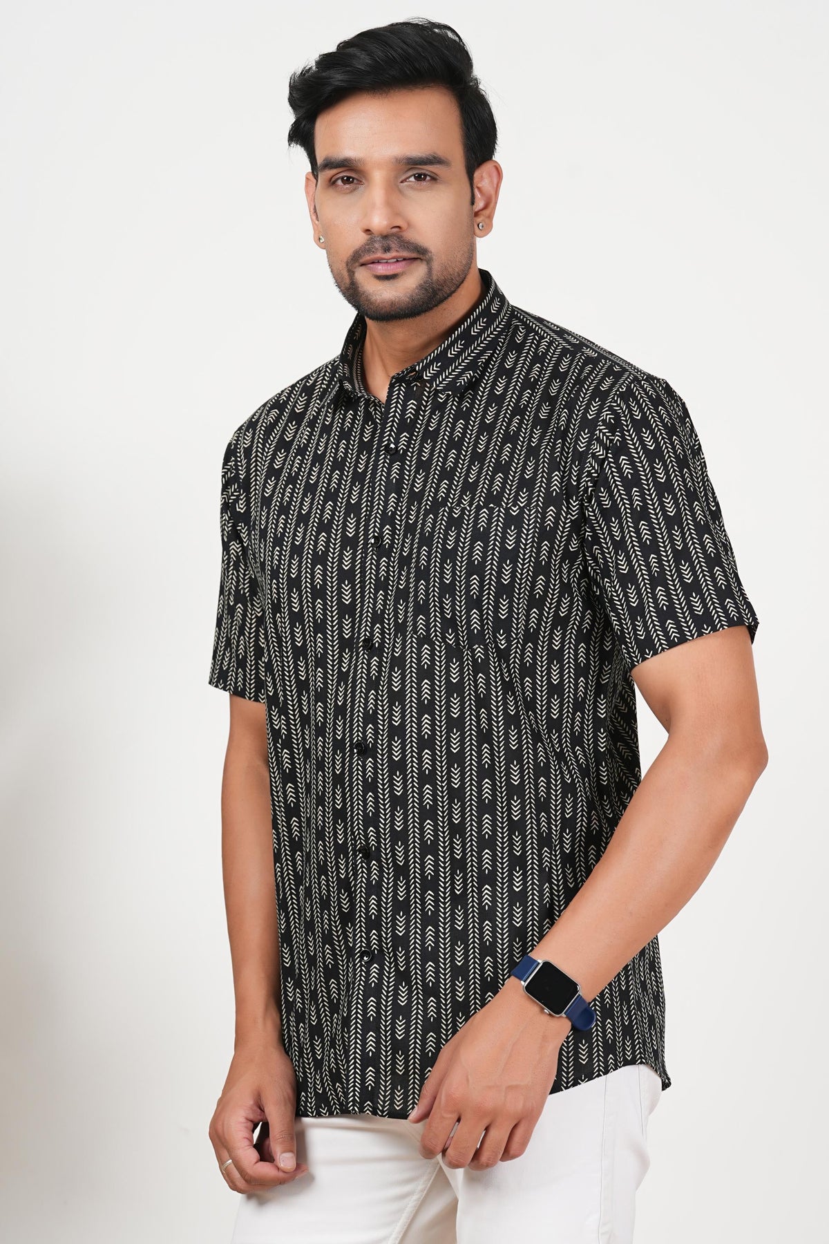 Black with an Edge Floral Print Cotton Half Sleeve Shirt for Men