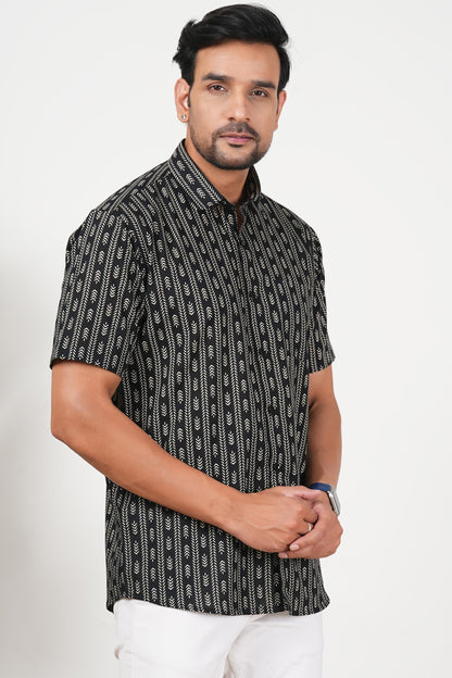 Black with an Edge Floral Print Cotton Half Sleeve Shirt for Men