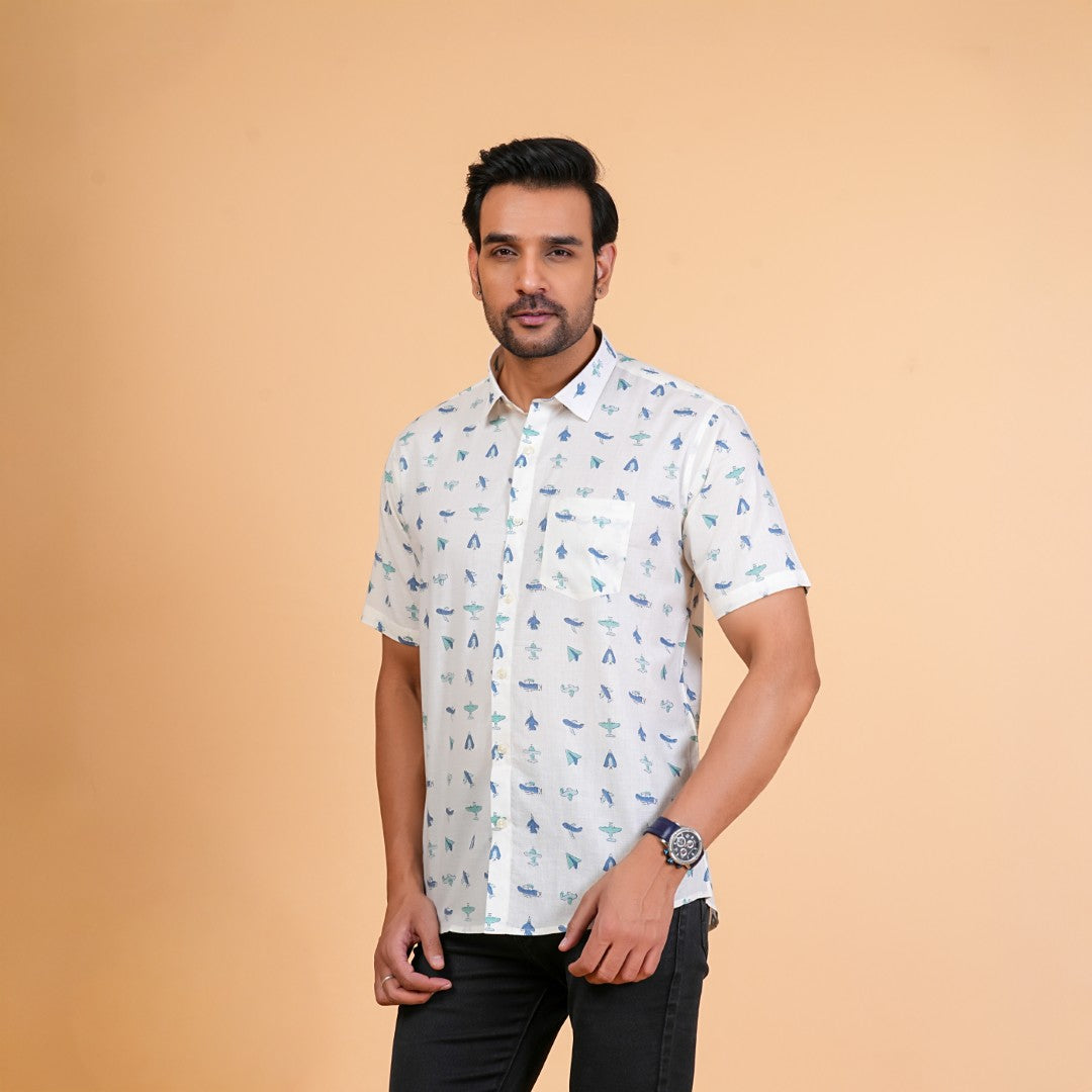 Vintage Airplane Print Cotton Shirt
