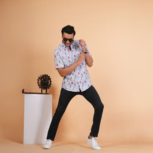 Lotus & Cow Motif Cotton Shirt