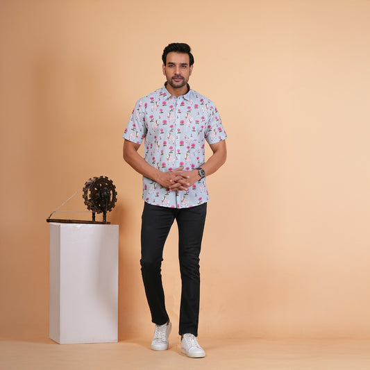Lotus & Cow Motif Cotton Shirt