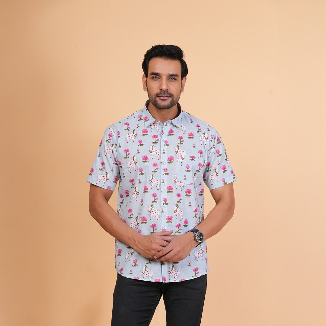 Lotus & Cow Motif Cotton Shirt
