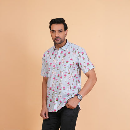 Lotus & Cow Motif Cotton Shirt