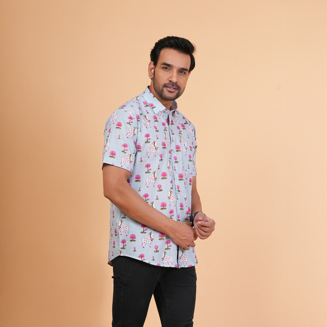 Lotus & Cow Motif Cotton Shirt