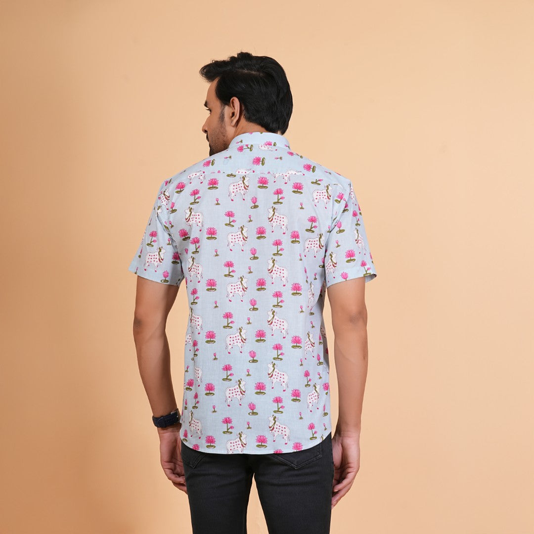 Lotus & Cow Motif Cotton Shirt