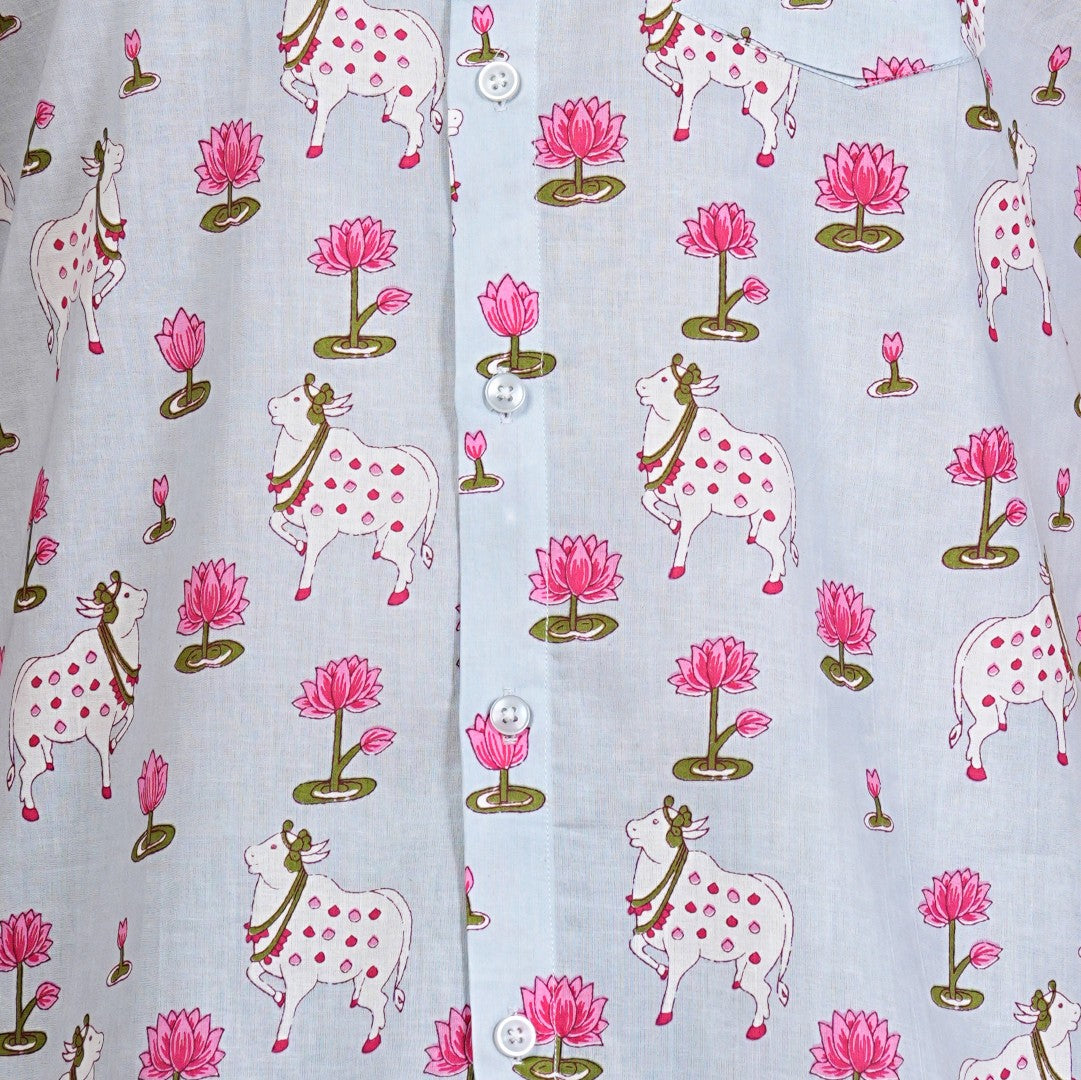 Lotus & Cow Motif Cotton Shirt
