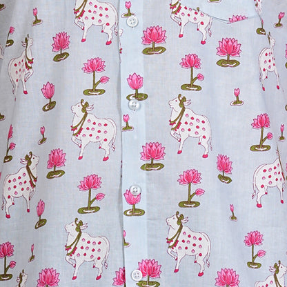 Lotus & Cow Motif Cotton Shirt