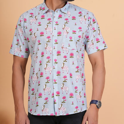 Lotus & Cow Motif Cotton Shirt