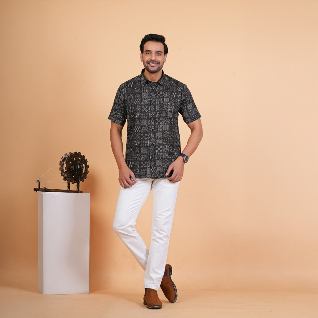 Midnight Patchwork Motif Cotton Shirt
