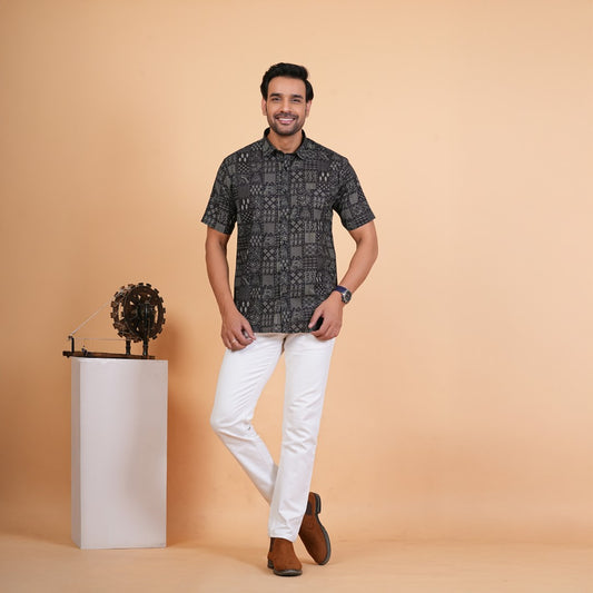 Midnight Patchwork Motif Cotton Shirt