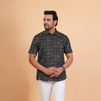 Midnight Patchwork Motif Cotton Shirt