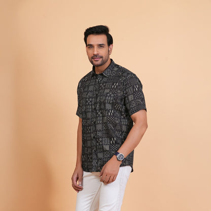 Midnight Patchwork Motif Cotton Shirt