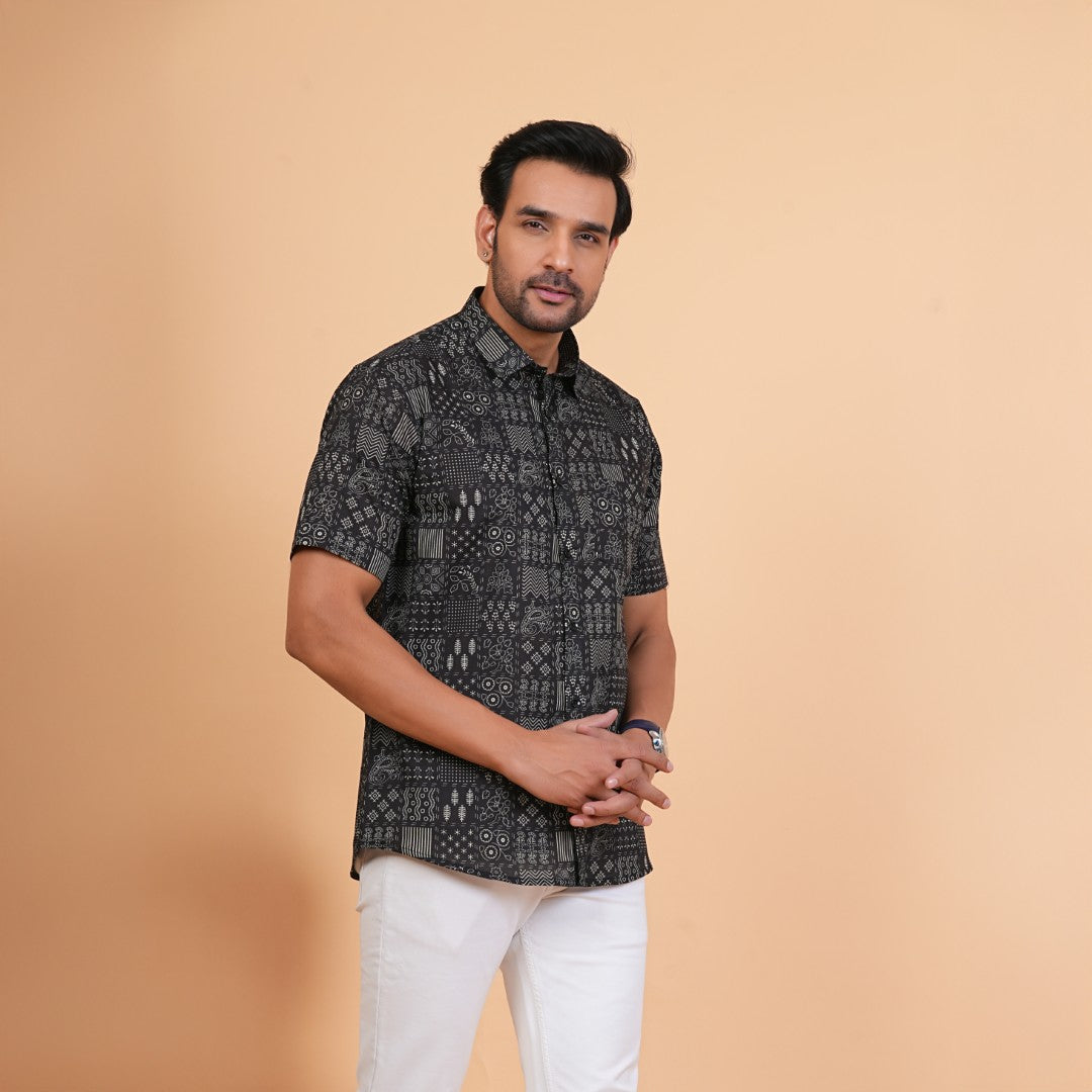 Midnight Patchwork Motif Cotton Shirt