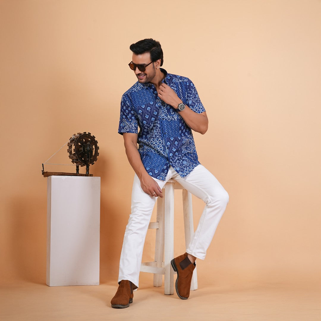 Indigo Patchwork Print Cotton Shirt