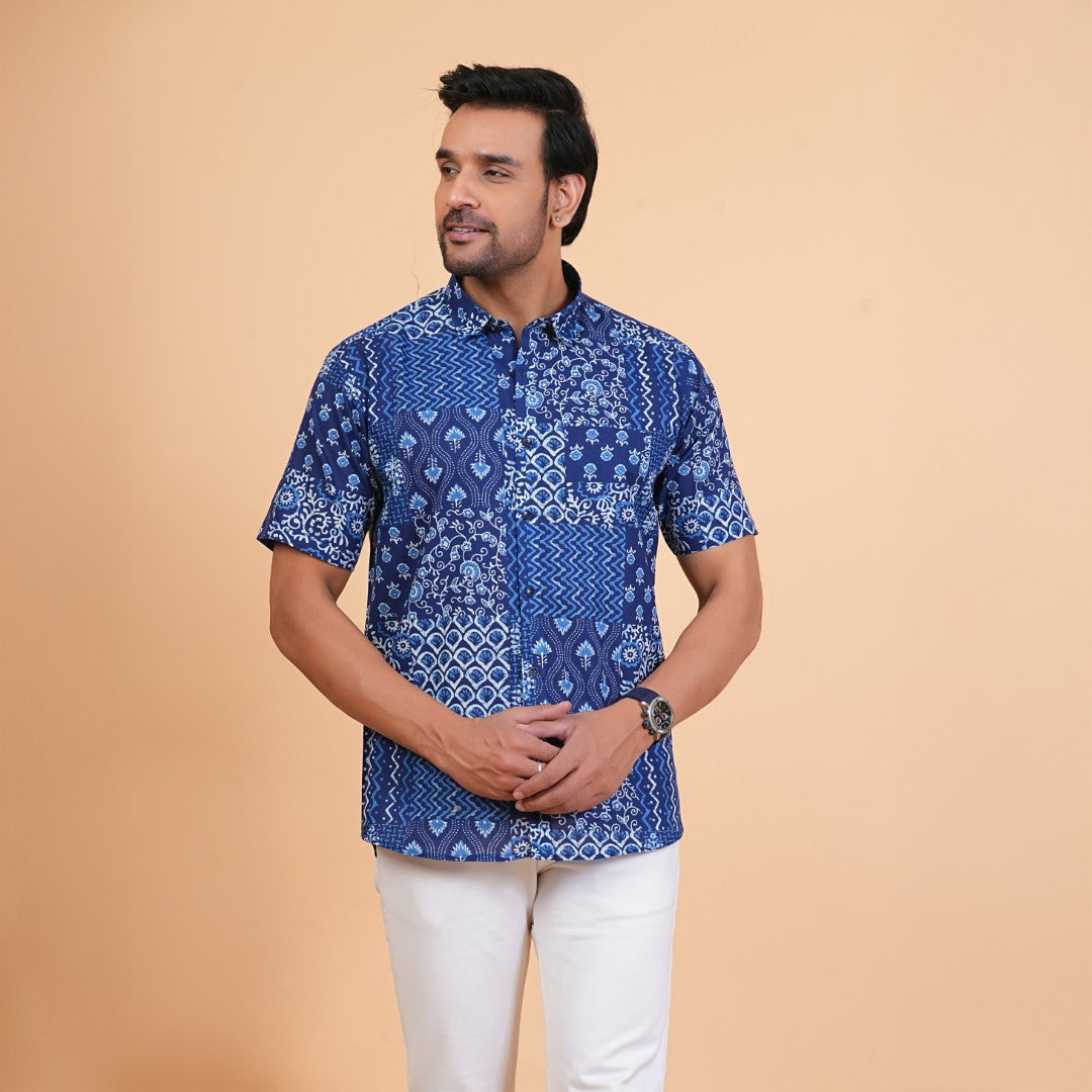 Indigo Patchwork Print Cotton Shirt
