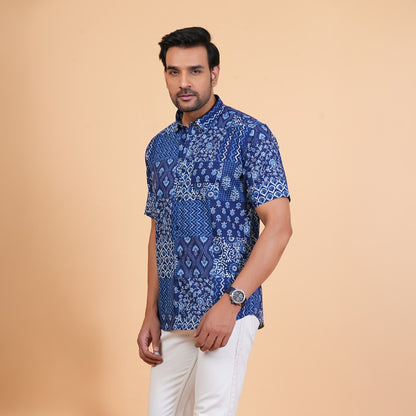 Indigo Patchwork Print Cotton Shirt