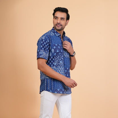 Indigo Patchwork Print Cotton Shirt