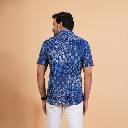 Indigo Patchwork Print Cotton Shirt