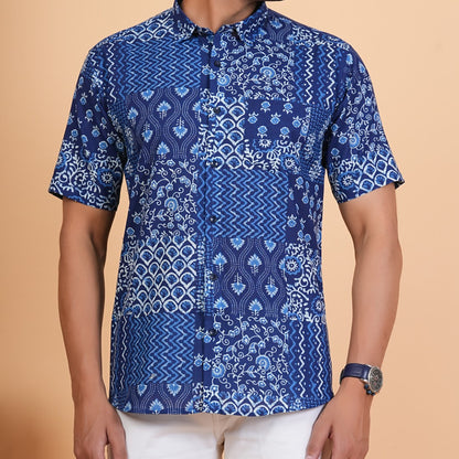 Indigo Patchwork Print Cotton Shirt