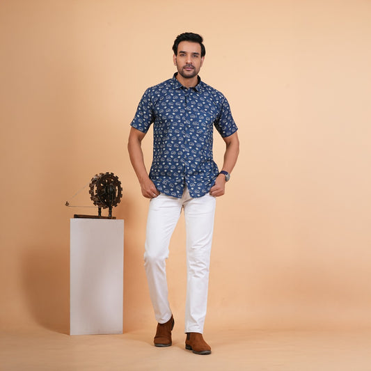 Indigo Elephant Motif Cotton Shirt