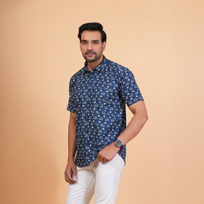 Indigo Elephant Motif Cotton Shirt