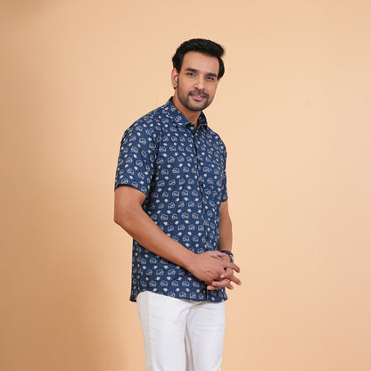 Indigo Elephant Motif Cotton Shirt