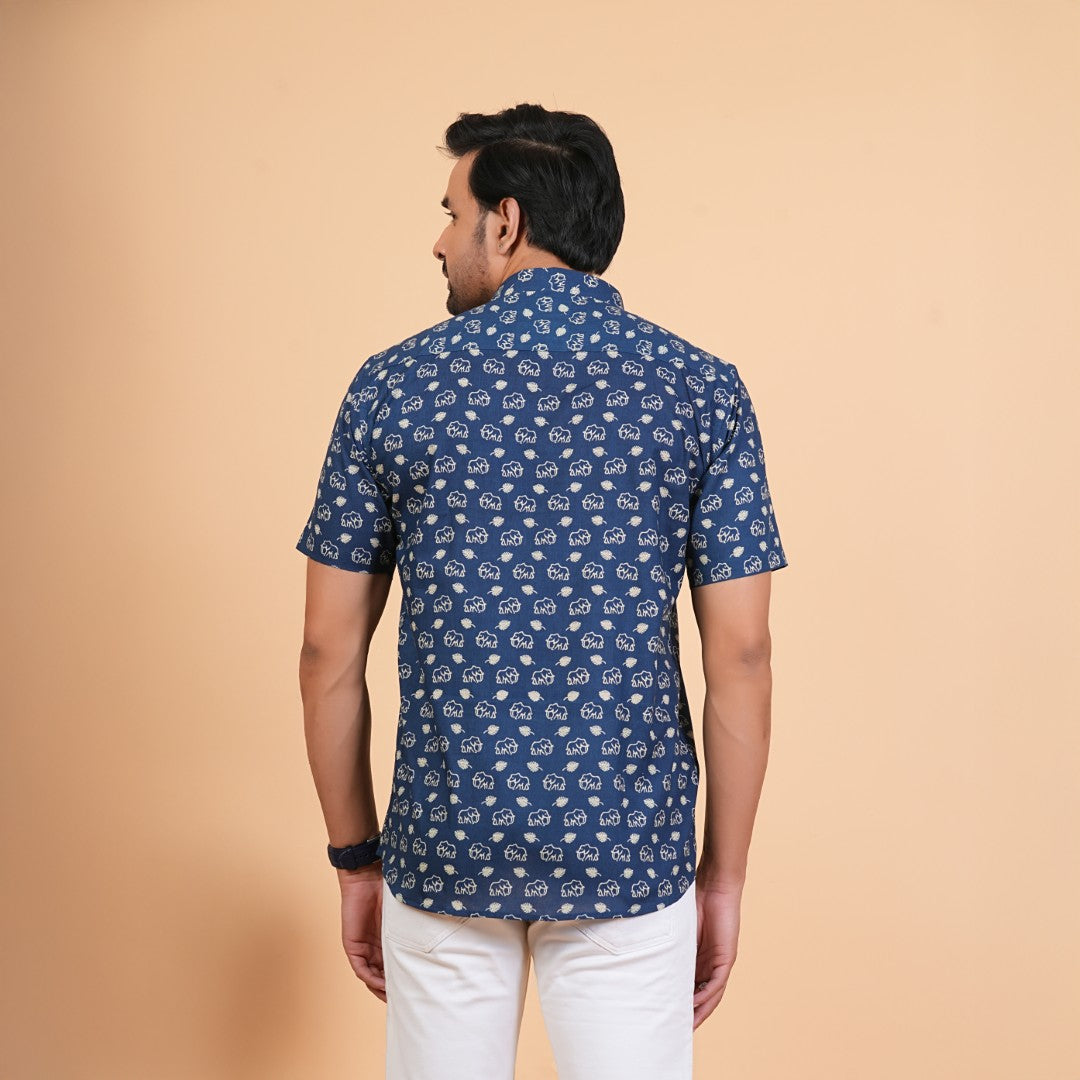 Indigo Elephant Motif Cotton Shirt