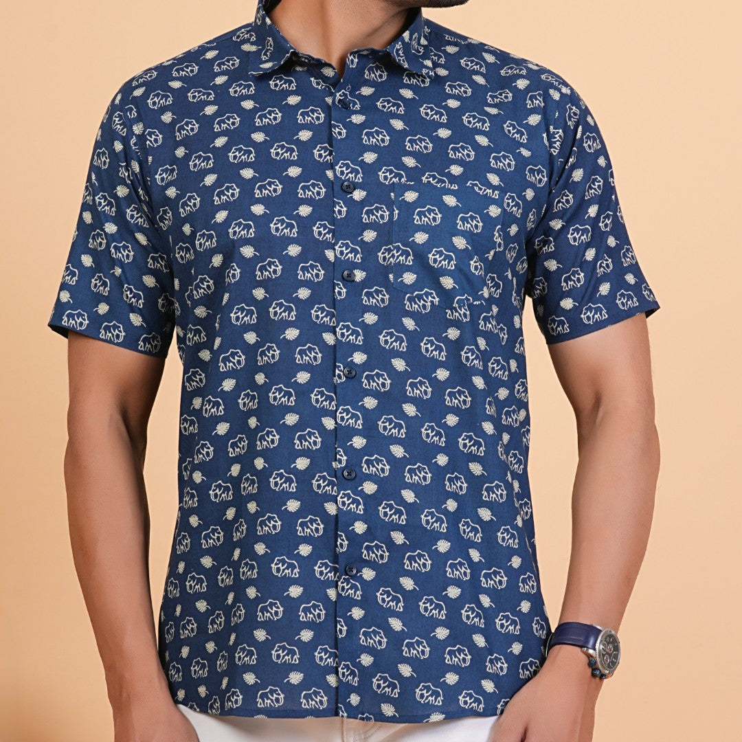 Indigo Elephant Motif Cotton Shirt