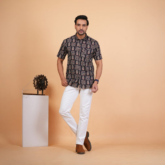 Midnight Paisley Patchwork Cotton Half Sleeves Shirt