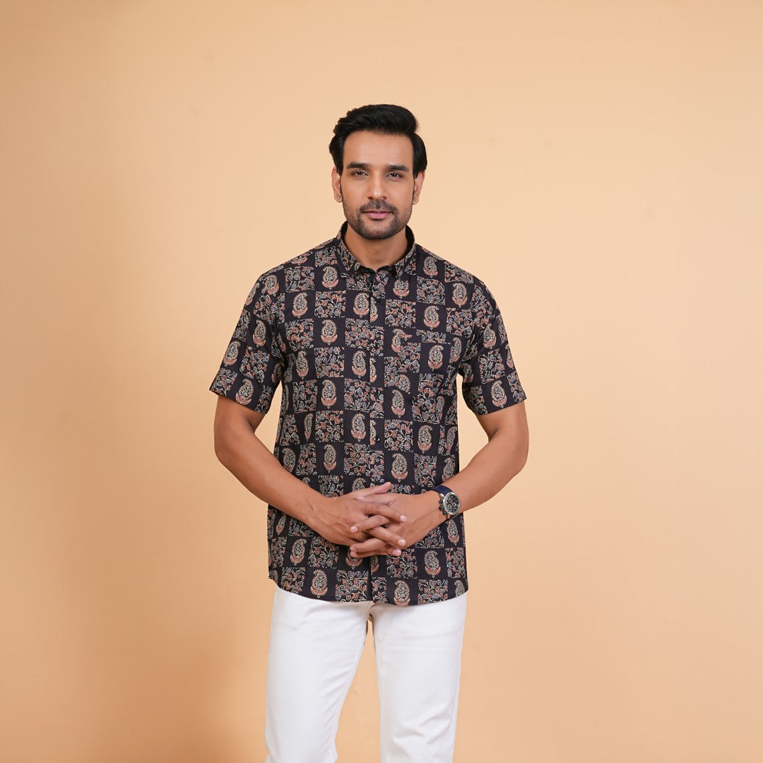 Midnight Paisley Patchwork Cotton Half Sleeves Shirt