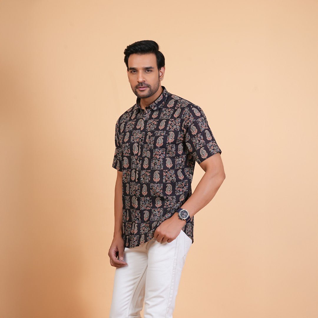 Midnight Paisley Patchwork Cotton Half Sleeves Shirt