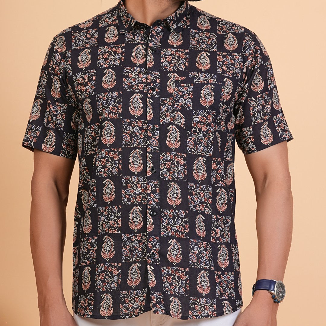 Midnight Paisley Patchwork Cotton Half Sleeves Shirt