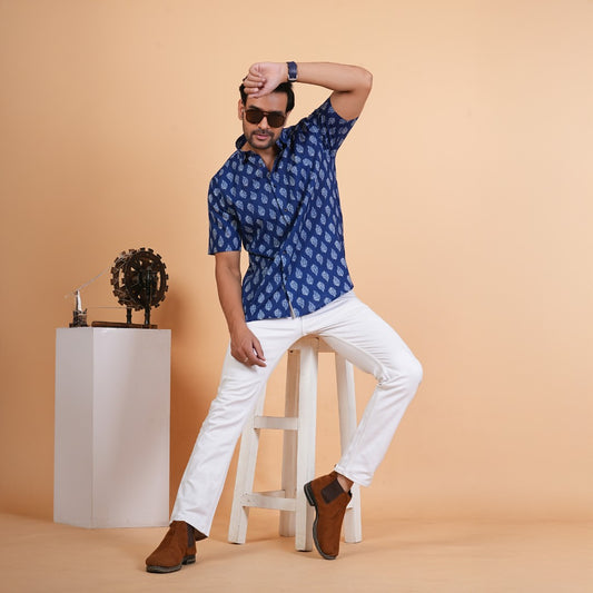Indigo Leaf Print Cotton Shirt