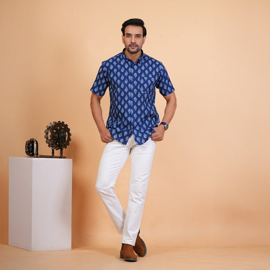 Indigo Leaf Print Cotton Shirt